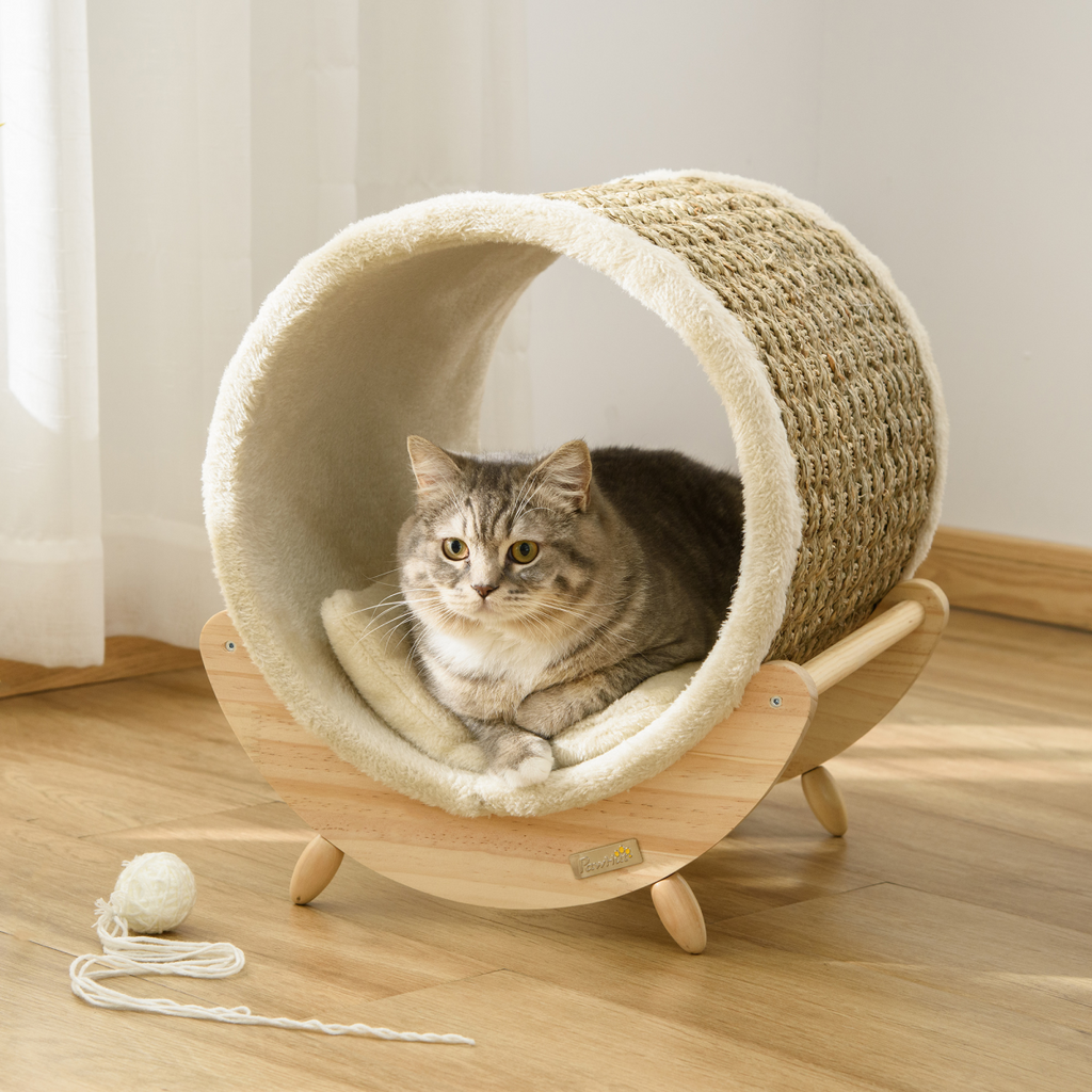 Elevated Cat House & Bed with Scratcher Cushion - Beige