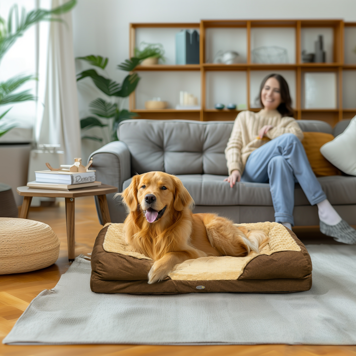 Calming Dog Bed for Large Dogs - Plush 7cm Padding, Non-Slip, Brown