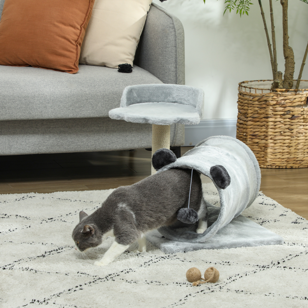 Cat Activity Tree with Scratching Post, Bed, Tunnel & Ball - Grey