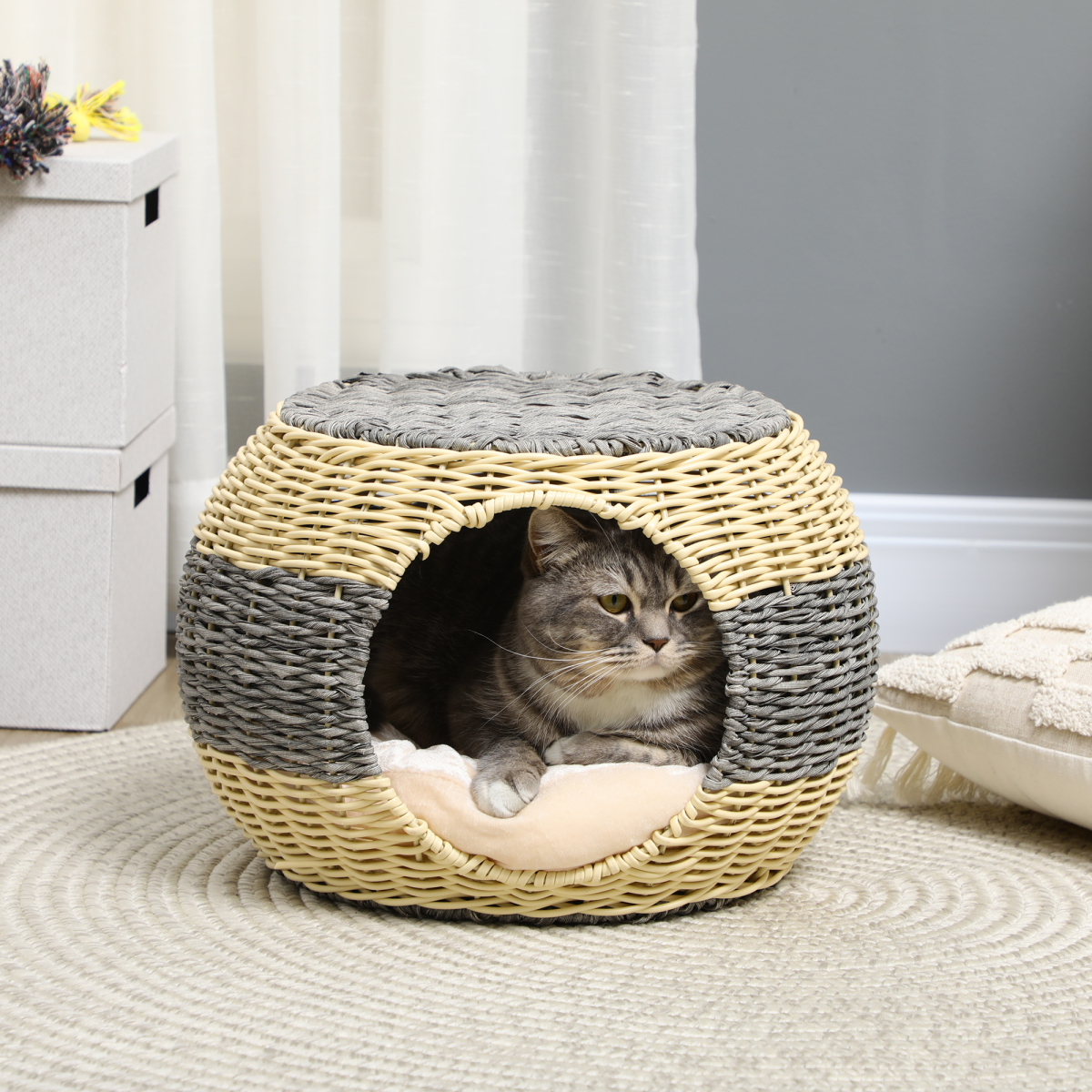 Wicker Cat House: Raised Bed with Cushion 40x30cm