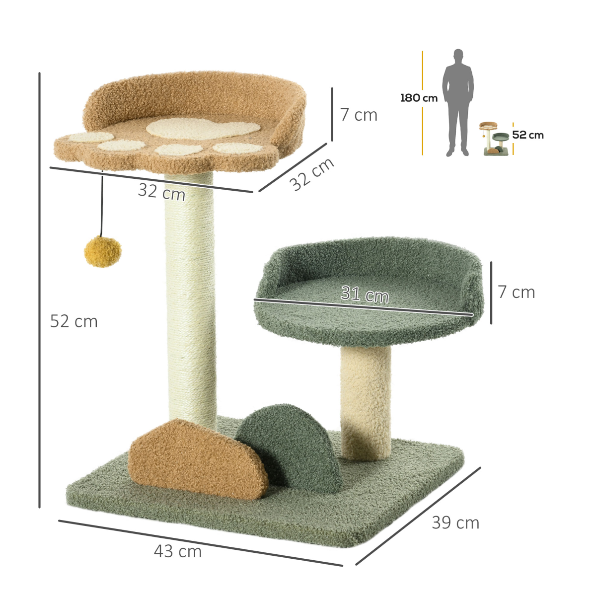 52cm Indoor Cat Tree with Dual Beds, Scratching Posts & Toy Ball