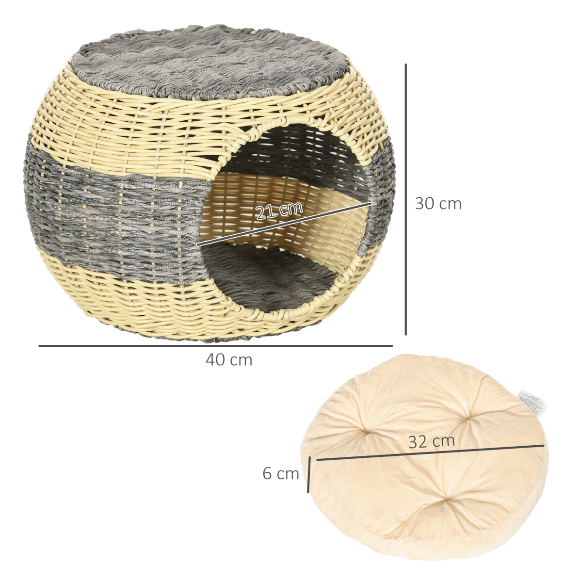 Wicker Cat House: Raised Bed with Cushion 40x30cm