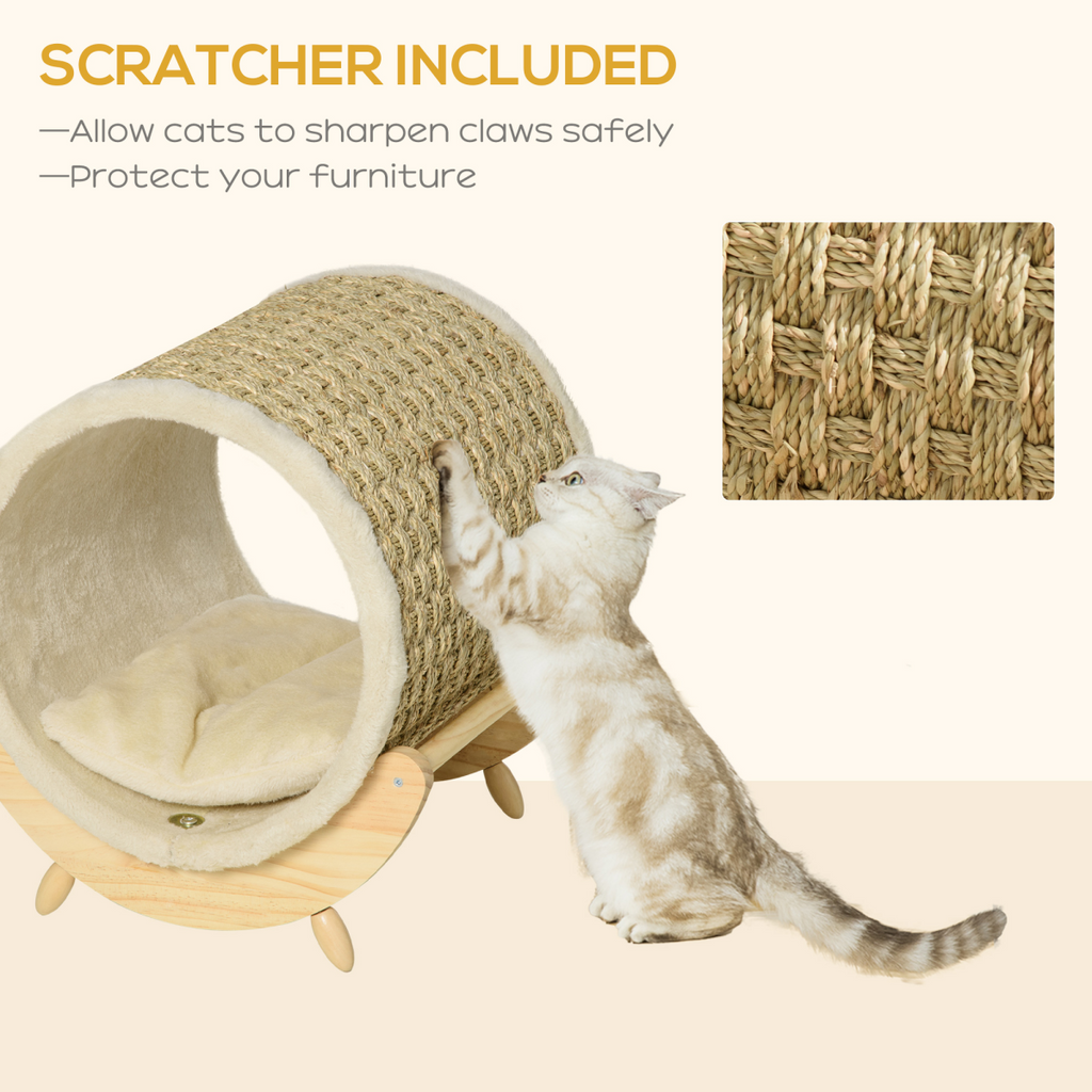 Elevated Cat House & Bed with Scratcher Cushion - Beige