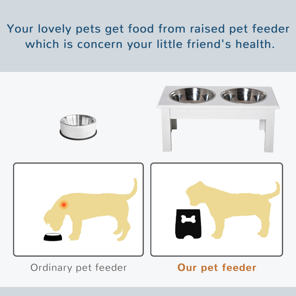 Raised Pet Feeder with Stainless Steel Bowls - Food & Water, White, Small