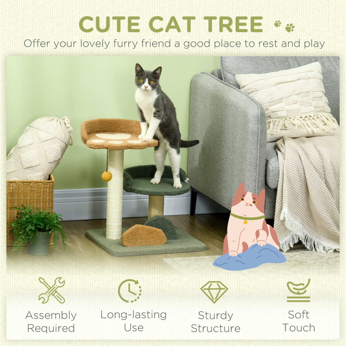 52cm Indoor Cat Tree with Dual Beds, Scratching Posts & Toy Ball
