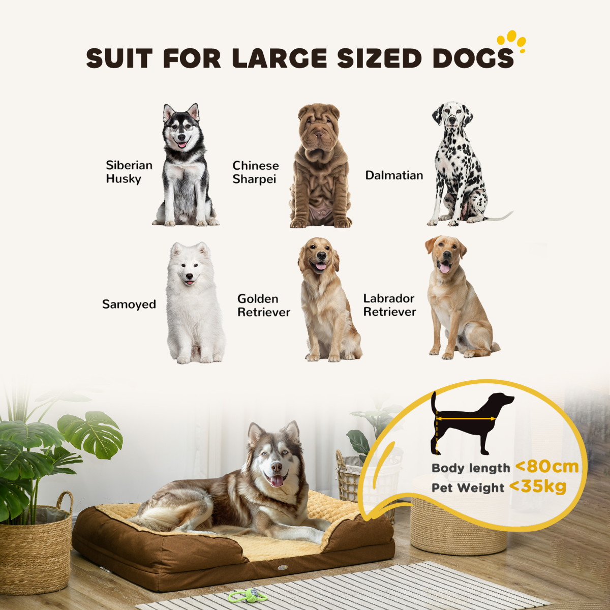 Calming Dog Bed for Large Dogs - Plush 7cm Padding, Non-Slip, Brown