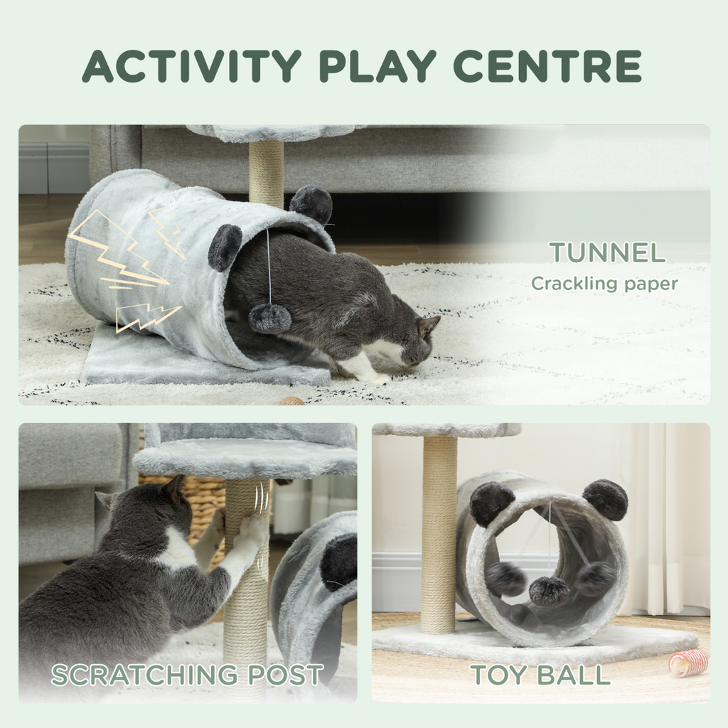 Cat Activity Tree with Scratching Post, Bed, Tunnel & Ball - Grey