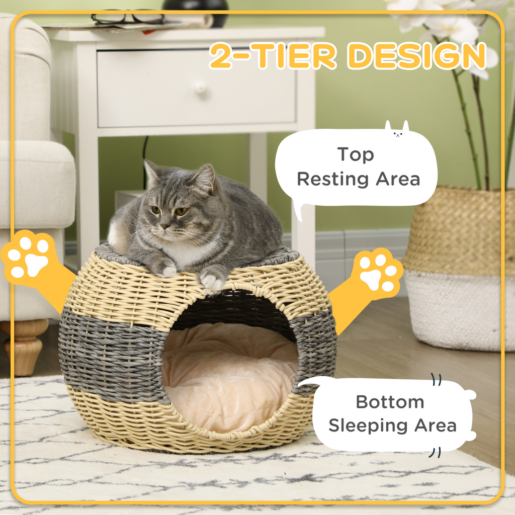 Wicker Cat House: Raised Bed with Cushion 40x30cm