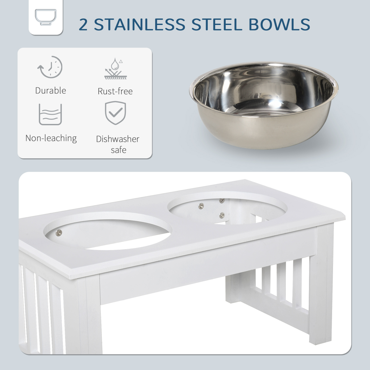 Raised Pet Feeder with Stainless Steel Bowls - Food & Water, White, Small
