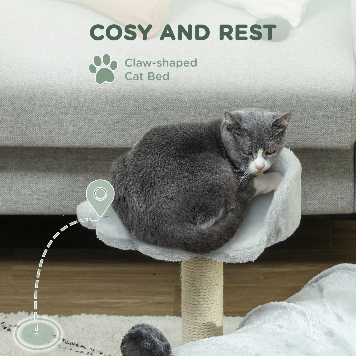 Cat Activity Tree with Scratching Post, Bed, Tunnel & Ball - Grey