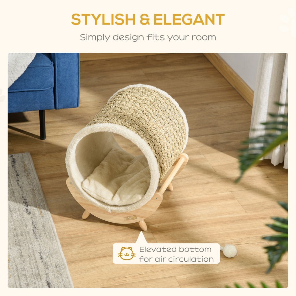 Elevated Cat House & Bed with Scratcher Cushion - Beige