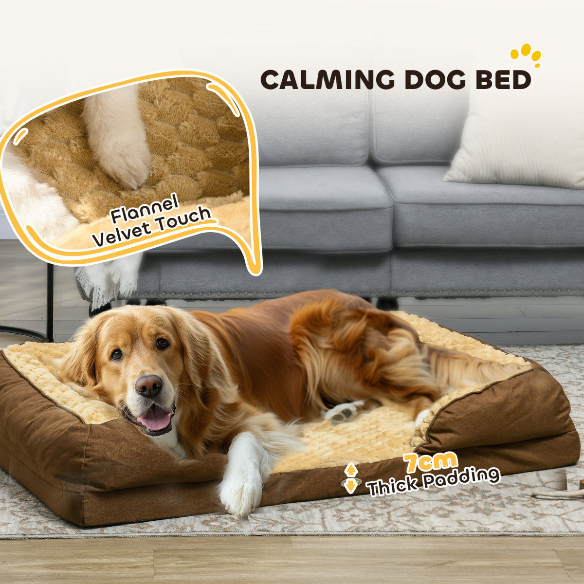 Calming Dog Bed for Large Dogs - Plush 7cm Padding, Non-Slip, Brown