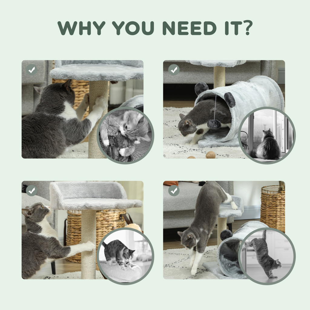 Cat Activity Tree with Scratching Post, Bed, Tunnel & Ball - Grey