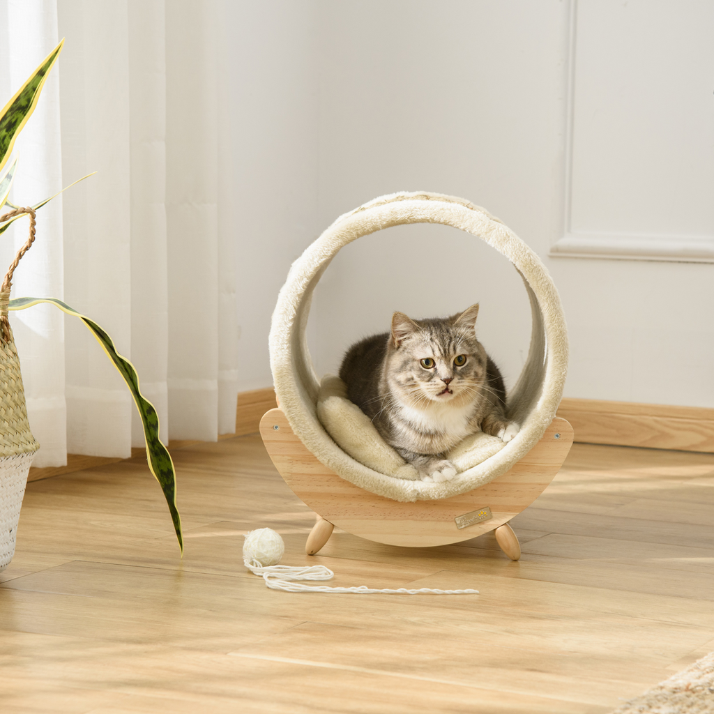 Elevated Cat House & Bed with Scratcher Cushion - Beige