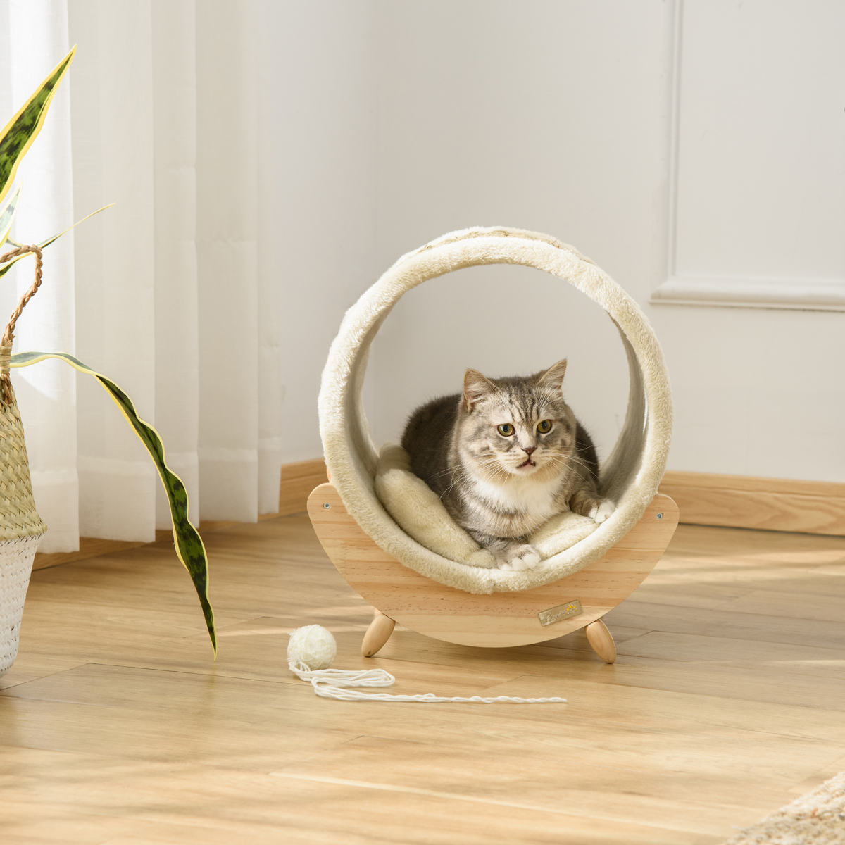 Elevated Cat House & Bed with Scratcher Cushion - Beige