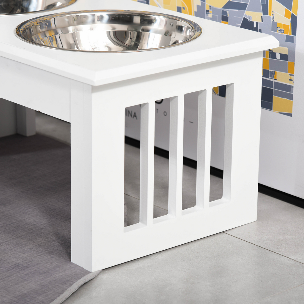 Raised Pet Feeder with Stainless Steel Bowls - Food & Water, White, Small