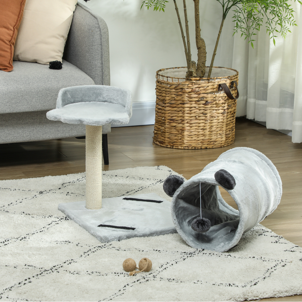 Cat Activity Tree with Scratching Post, Bed, Tunnel & Ball - Grey
