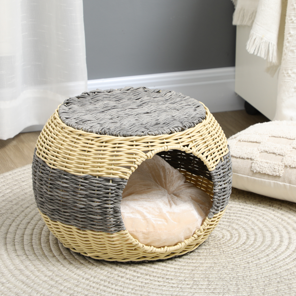 Wicker Cat House: Raised Bed with Cushion 40x30cm