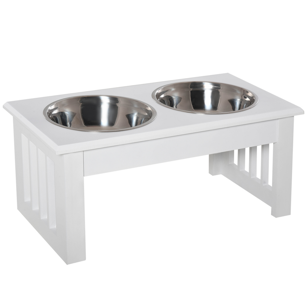 Raised Pet Feeder with Stainless Steel Bowls - Food & Water, White, Small